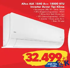 ALTUS ALK 1840 18000 BTU A++ DUVAR TİPİ INVERTER SPLİT KLİMA ALTUS ALK 1840 18000 BTU A++ DUVAR TİPİ INVERTER SPLİT KLİMA